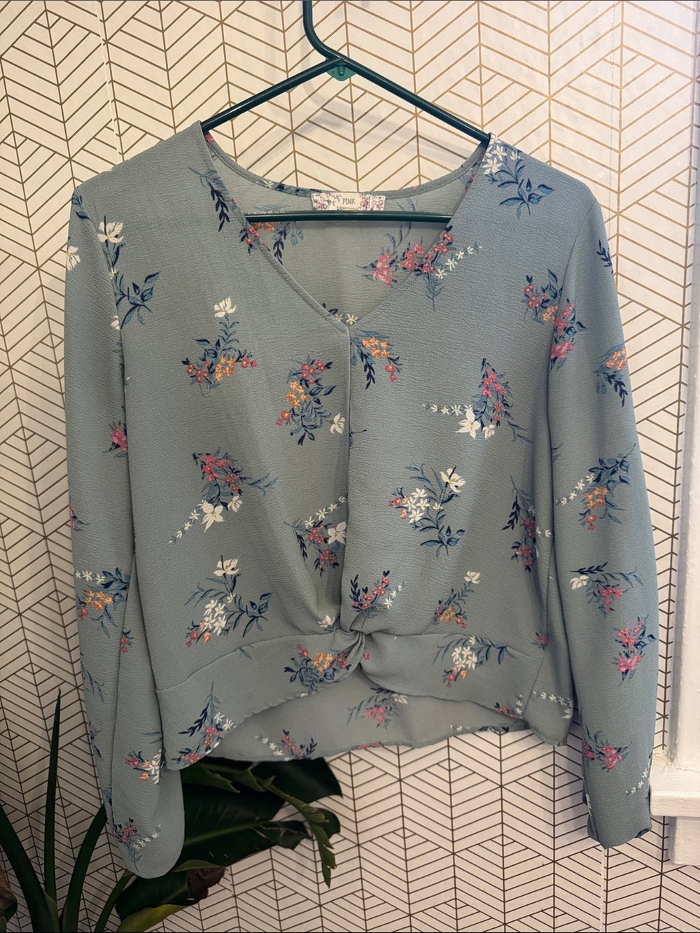 Pink Republic Sage Blue Floral Twist-Front Blouse